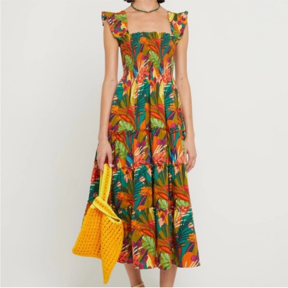 O.P.T. Calypso Tropical Print Smocked Midi Dress
